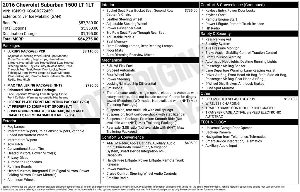 Used 2016 Chevrolet Suburban LT w/ Luxury Package AWD/4WD image 2