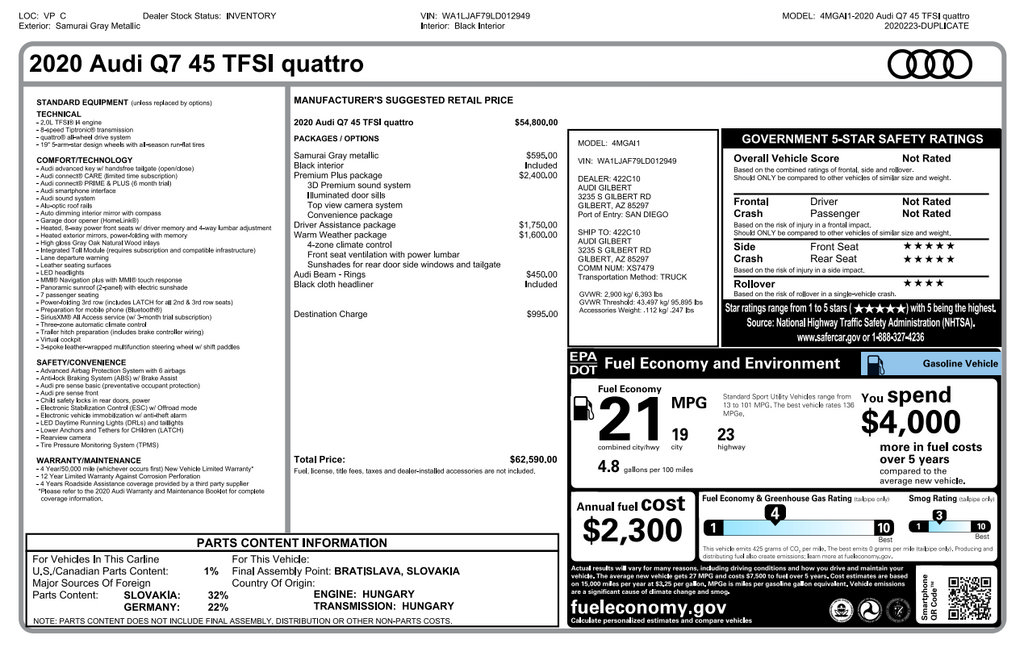 Used 2020 Audi Q7 2.0T Premium Plus w/ Premium Plus Package AWD/4WD image 2