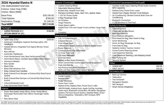 New 2026 Hyundai Elantra N w/ Cargo Package FWD image 4