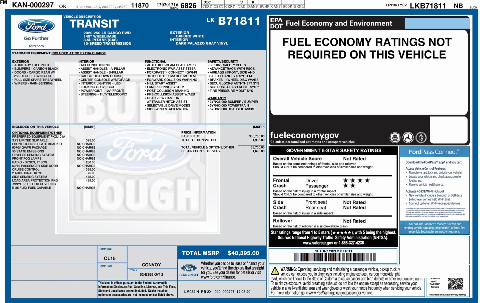 Used 2020 Ford Transit 250 Low Roof w/ Load Area Protection Package image 2
