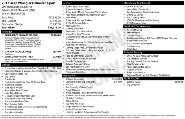 Used 2017 Jeep Wrangler Unlimited Sport w/ Quick Order Package 24S AWD/4WD image 5
