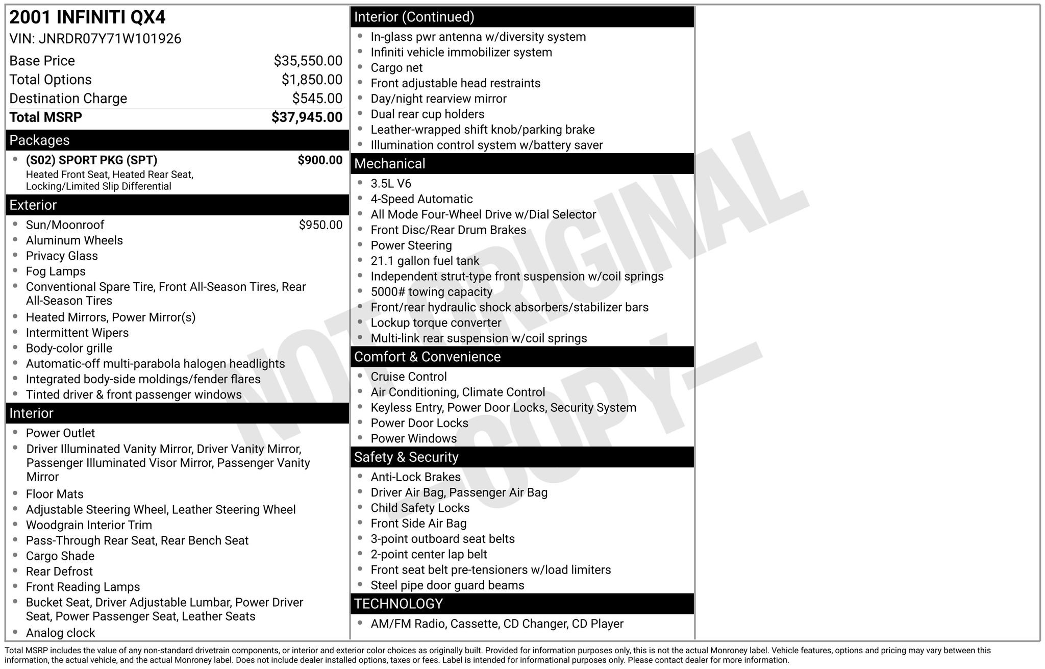 Used 2001 INFINITI QX4 4WD w/ (S02) Sport Pkg image 34