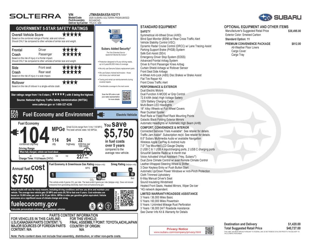 Used 2025 Subaru Solterra w/ Premium Convenience Package AWD/4WD image 2