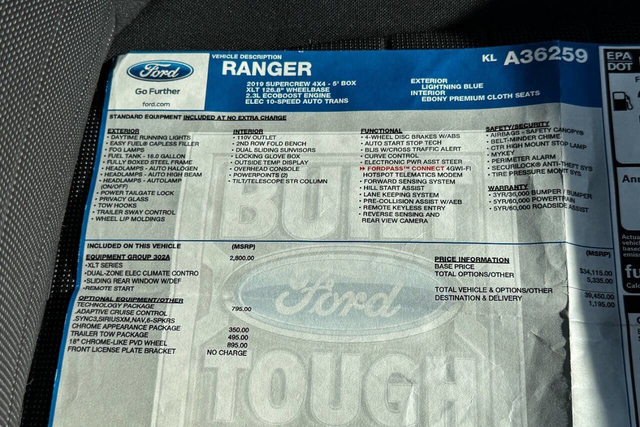 Used 2019 Ford Ranger XLT w/ Equipment Group 302A Luxury AWD/4WD image 40