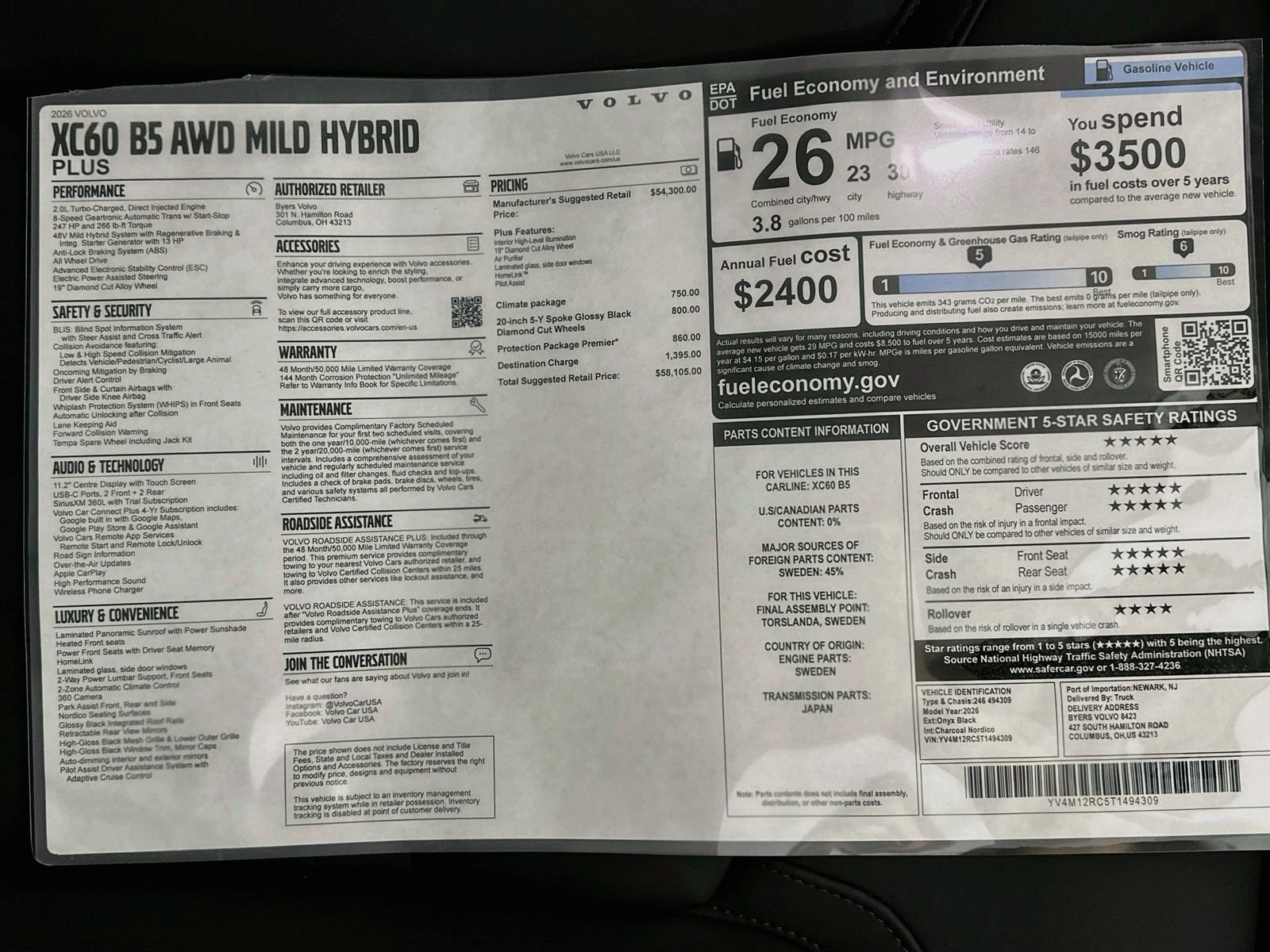 New 2026 Volvo XC60 B5 Plus w/ Protection Package Premier AWD/4WD image 48
