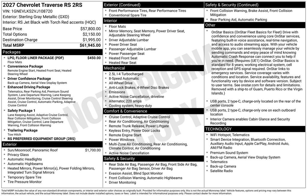 New 2027 Chevrolet Traverse RS w/ LPO, Floor Liner Package AWD/4WD image 6