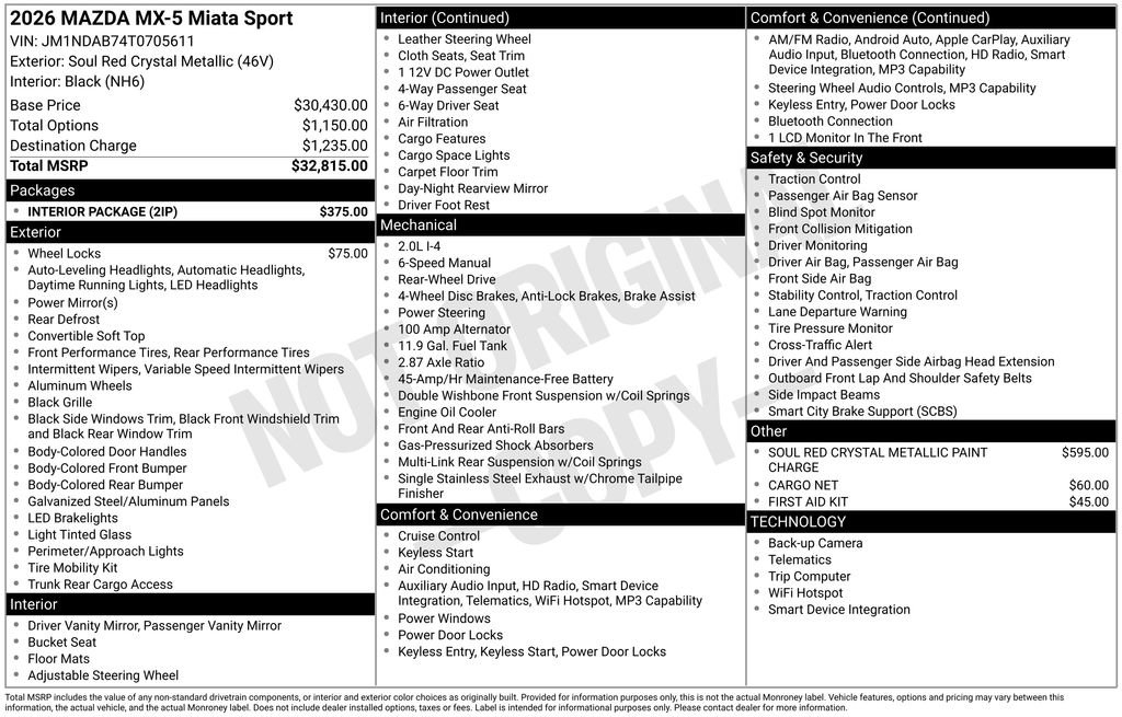 New 2026 MAZDA MX-5 Miata Sport w/ Interior Package RWD image 38