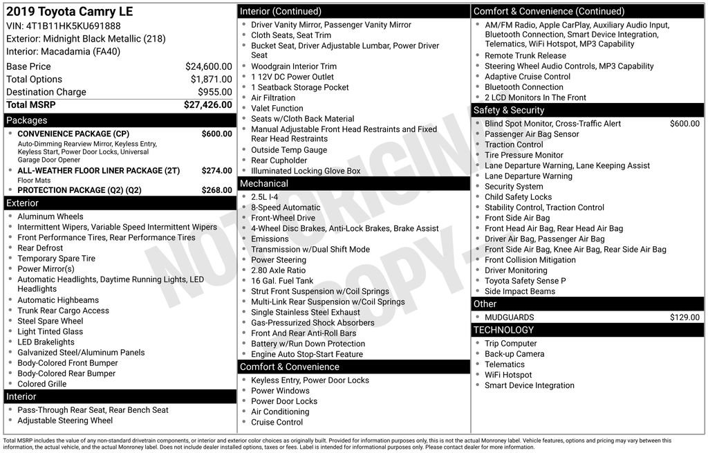 Used 2019 Toyota Camry LE w/ Convenience Package FWD image 17