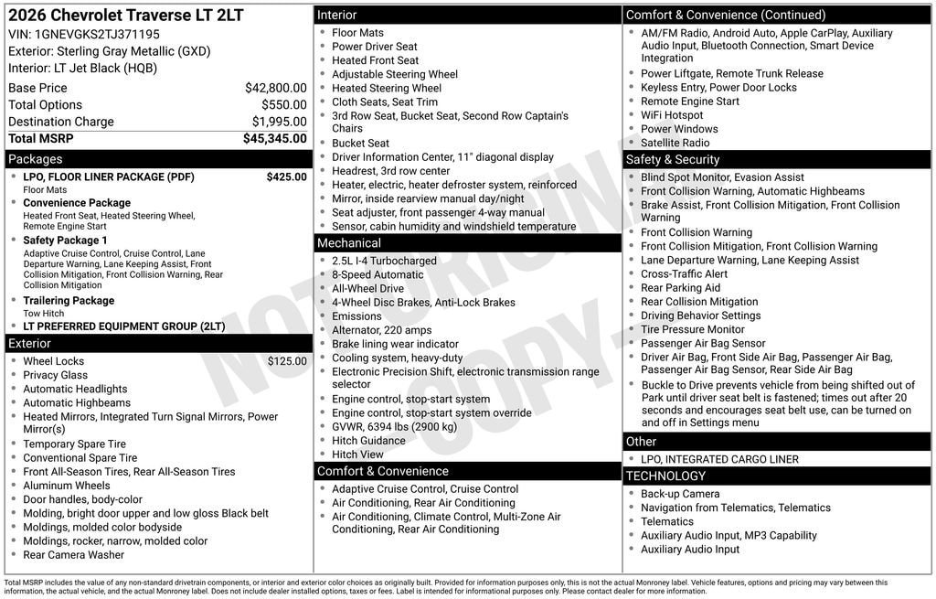 New 2026 Chevrolet Traverse LT w/ LPO, Floor Liner Package AWD/4WD image 10