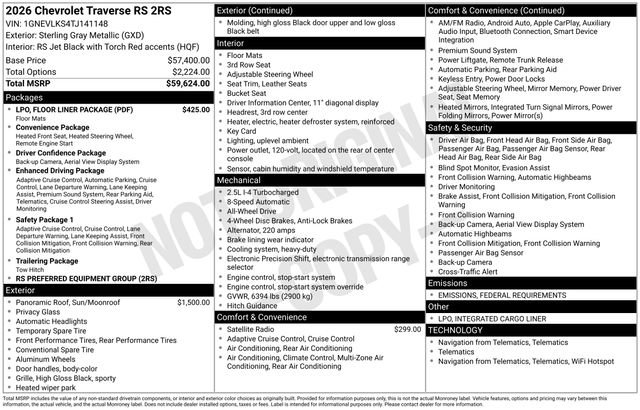 New 2026 Chevrolet Traverse RS w/ LPO, Floor Liner Package image 3