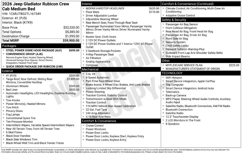 New 2026 Jeep Gladiator Rubicon w/ Steel Power Dome Hood Package AWD/4WD image 7
