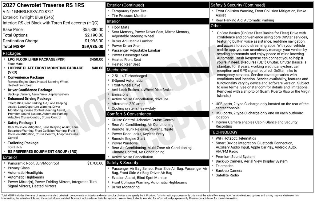 New 2027 Chevrolet Traverse RS w/ LPO, Floor Liner Package FWD image 8