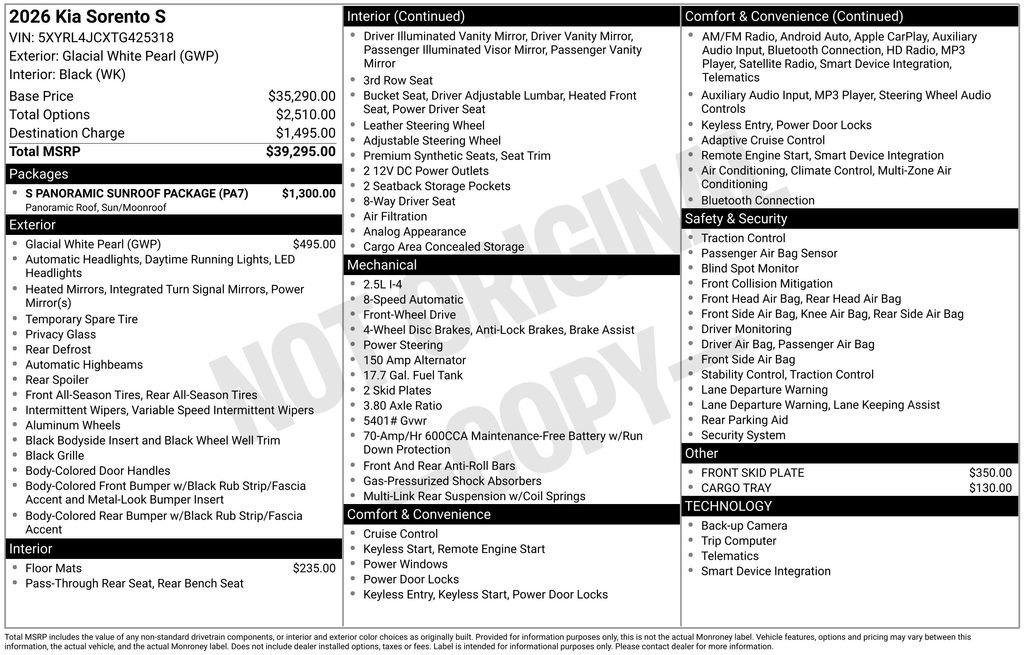 New 2026 Kia Sorento S w/ S Panoramic Sunroof Package FWD image 7