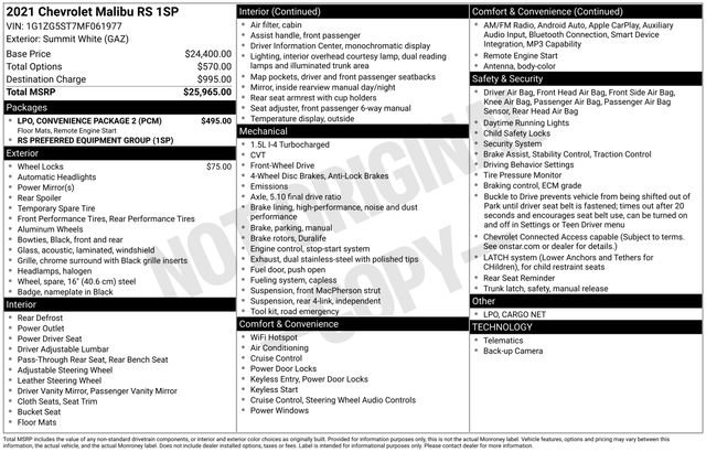 Used 2021 Chevrolet Malibu RS w/ LPO, Convenience Package 2 FWD image 31