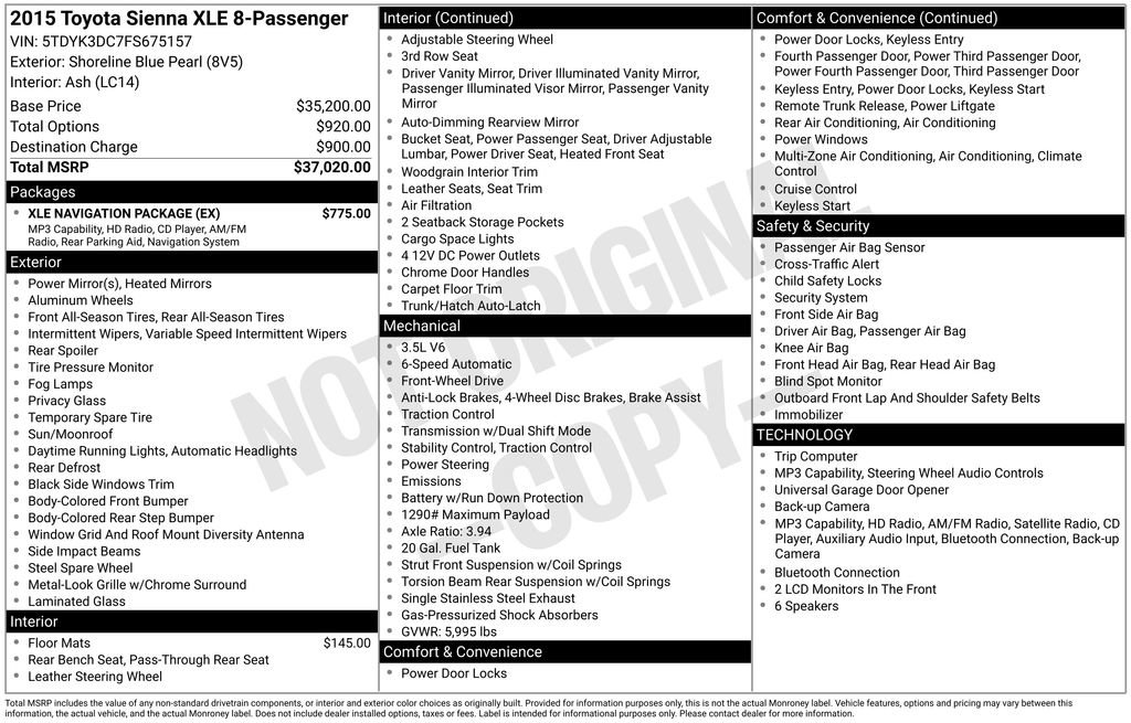 Used 2015 Toyota Sienna XLE w/ XLE Navigation Package FWD image 35