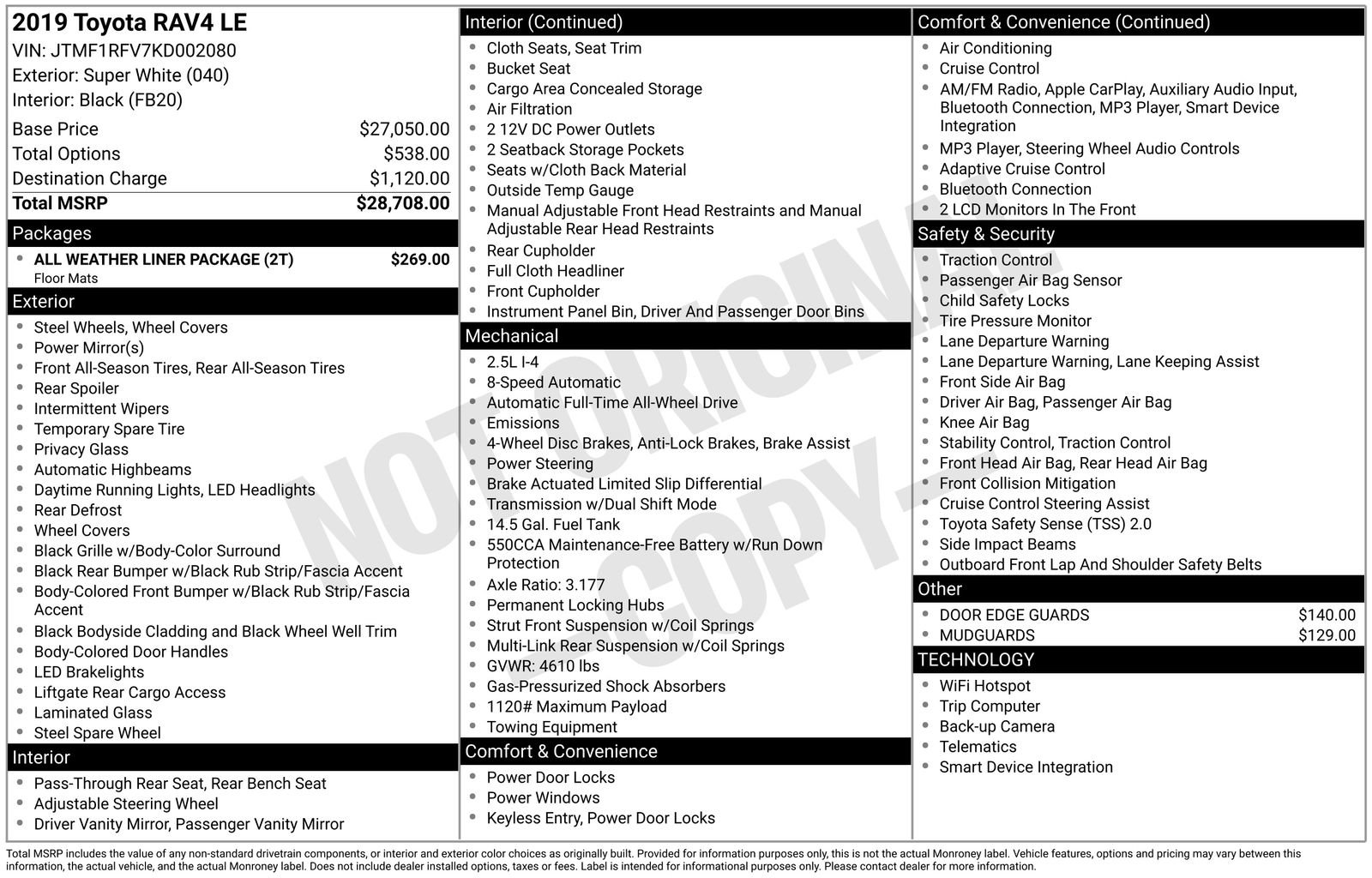 Used 2019 Toyota RAV4 LE w/ All Weather Liner Package AWD/4WD image 7