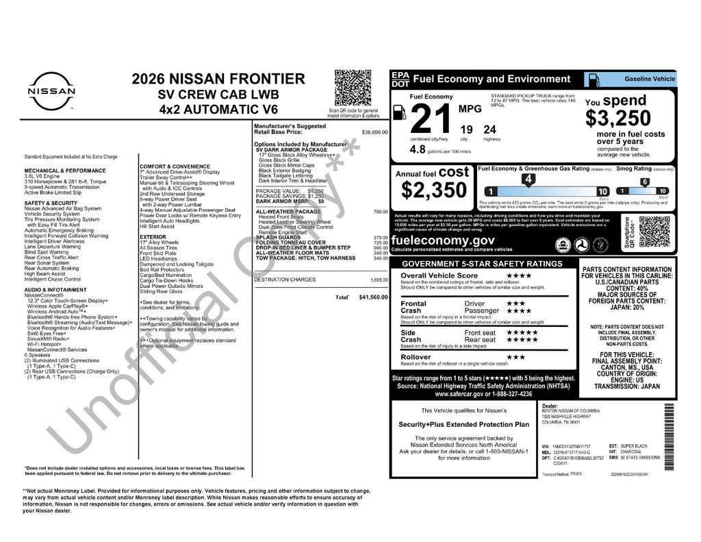 New 2026 Nissan Frontier SV w/ All-Weather Content Package image 5