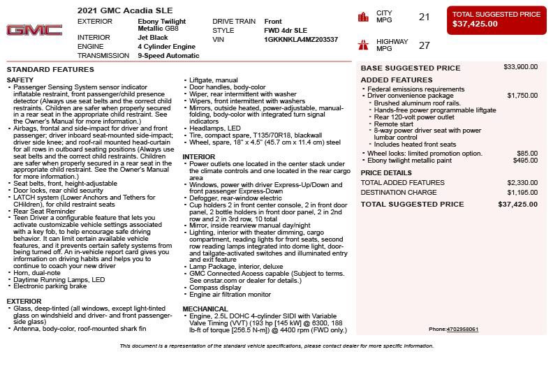 Used 2021 GMC Acadia SLE w/ Driver Convenience Package FWD image 3