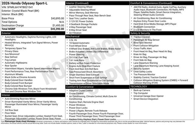 New 2026 Honda Odyssey Sport-L image 1