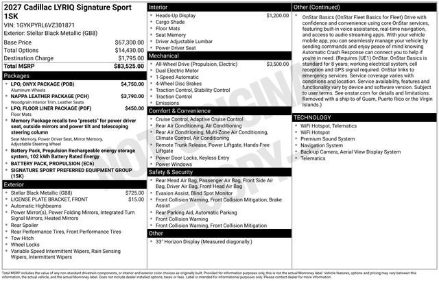 New 2027 Cadillac Lyriq Signature Sport w/ LPO, ONYX Package AWD/4WD image 2