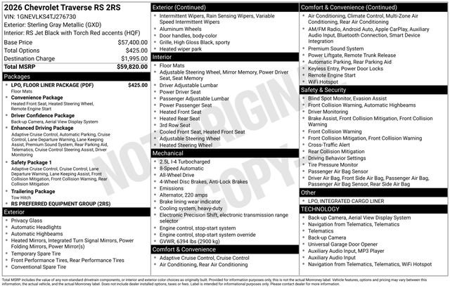 New 2026 Chevrolet Traverse RS w/ LPO, Floor Liner Package image 4