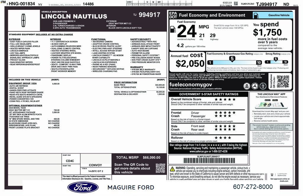 New 2026 Lincoln Nautilus Premier w/ Equipment Group 102A image 3