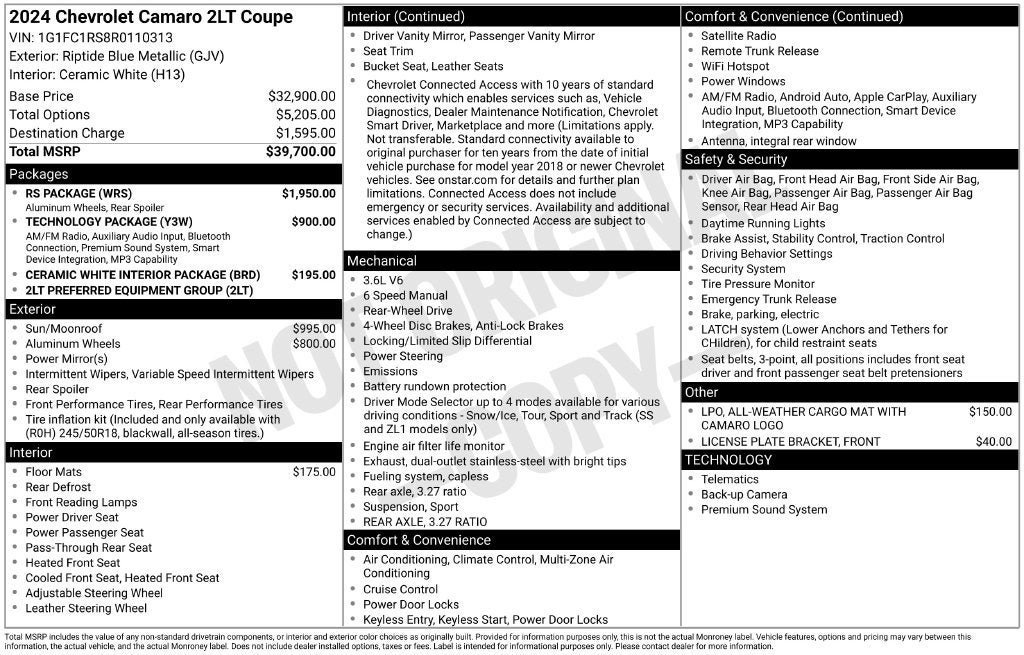 Used 2024 Chevrolet Camaro LT w/ RS Package RWD image 3