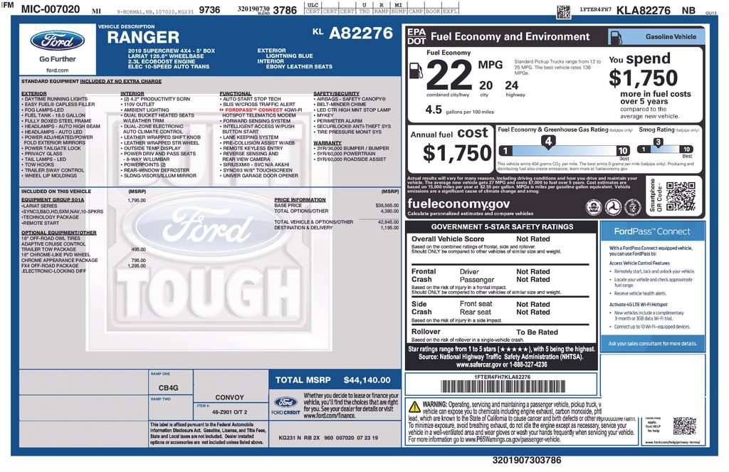 Certified 2019 Ford Ranger Lariat w/ Equipment Group 501A Mid AWD/4WD image 39
