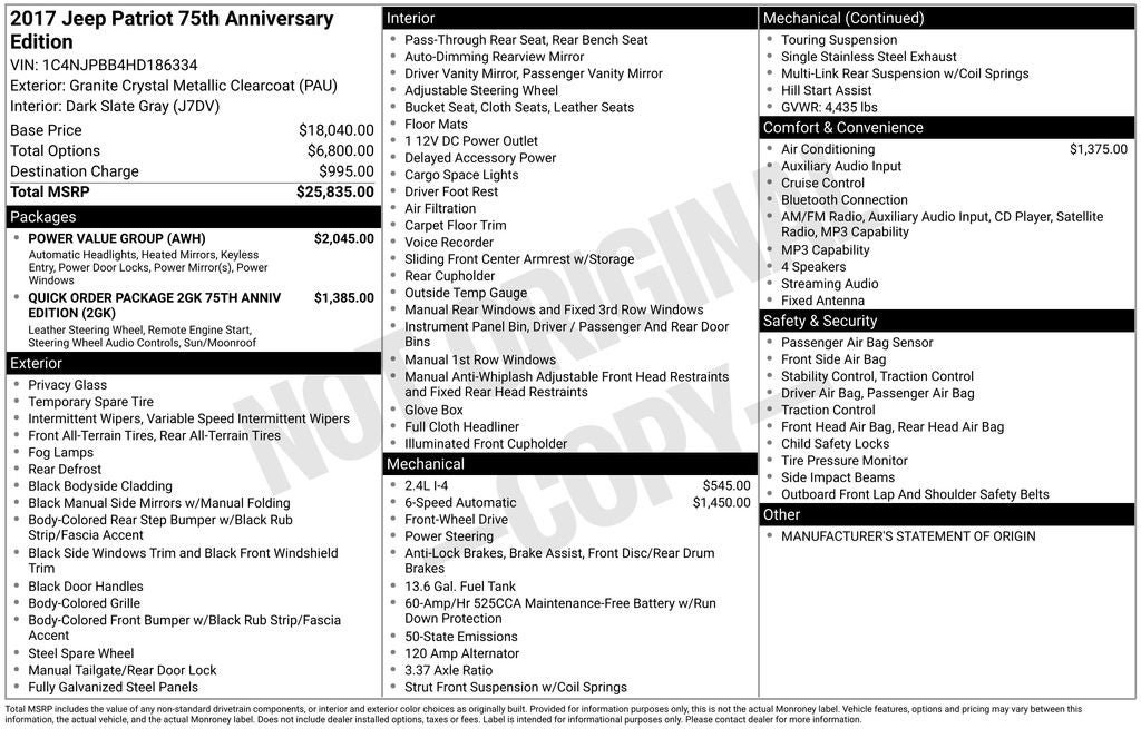 Used 2017 Jeep Patriot 75th Anniversary w/ Power Value Group FWD image 5