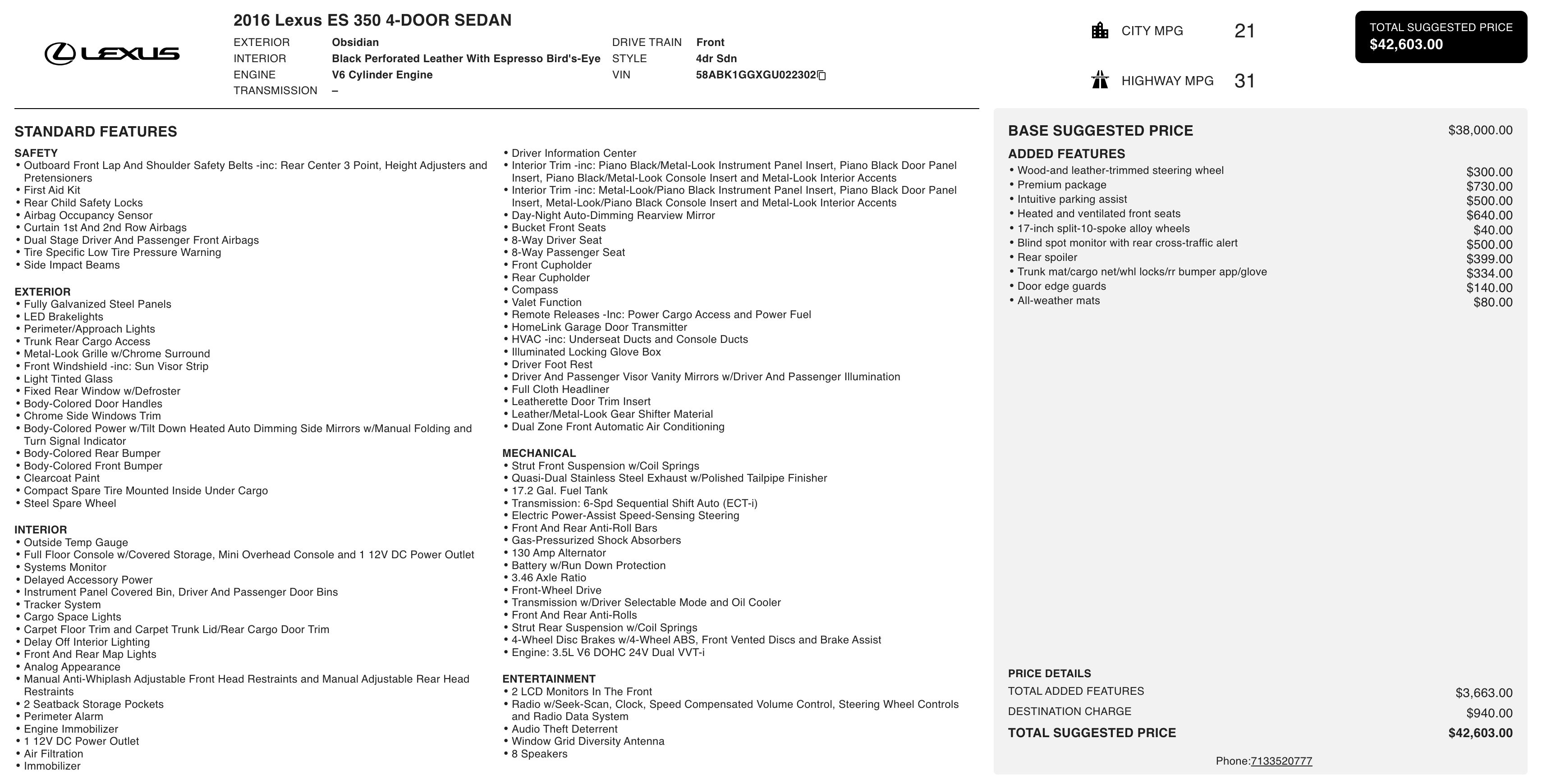 Used 2016 Lexus ES 350 w/ Premium Package w/Wood Trim image 3