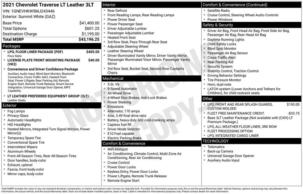 Used 2021 Chevrolet Traverse LT w/ LPO, Floor Liner Package image 4