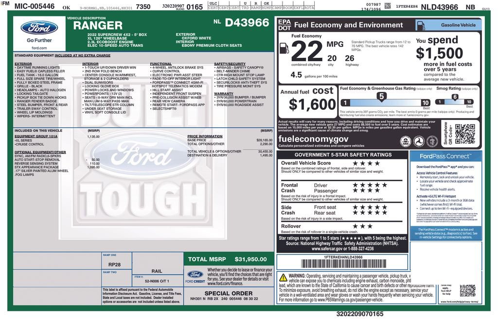 Used 2022 Ford Ranger XL w/ Equipment Group 101A High RWD image 1