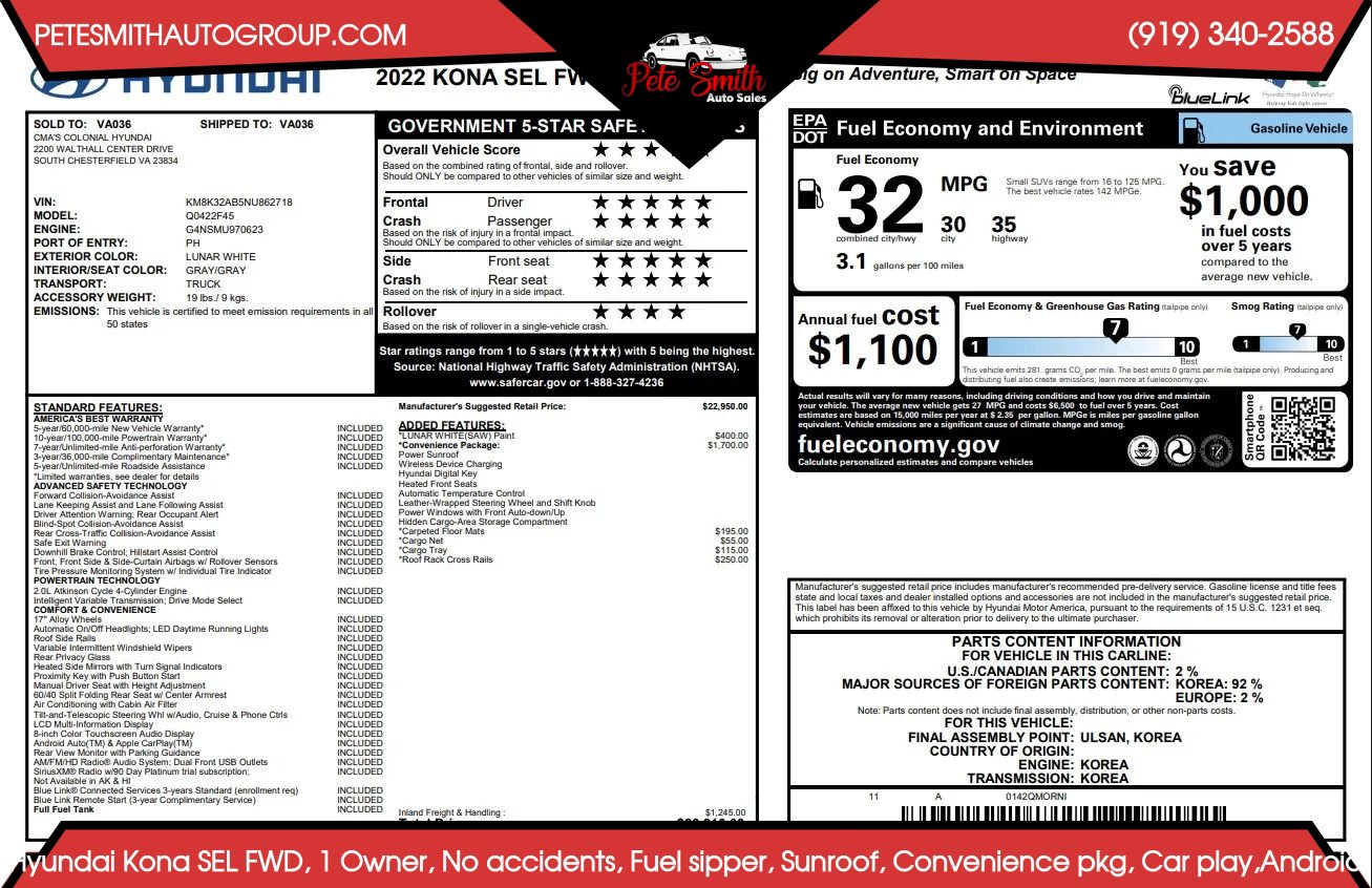 Used 2022 Hyundai Kona SEL w/ Convenience Package FWD image 64