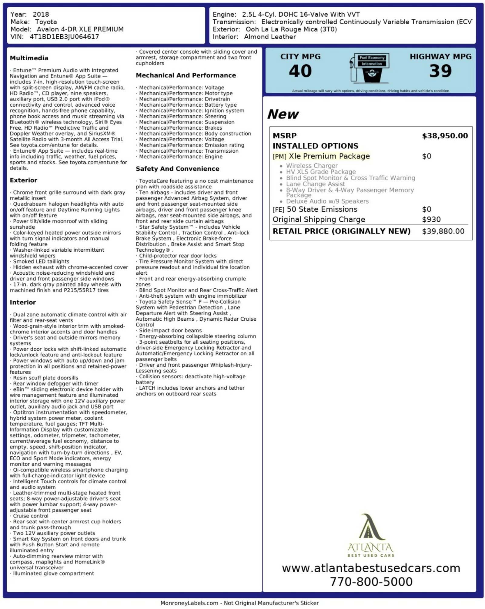 Used 2018 Toyota Avalon XLE Premium image 56