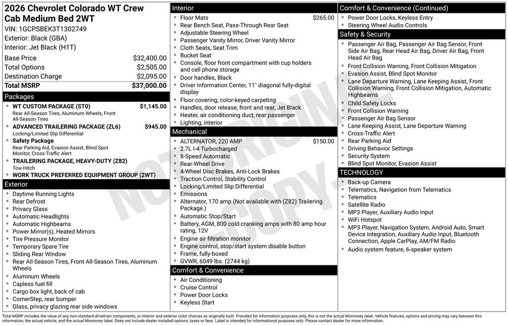 New 2026 Chevrolet Colorado W/T w/ WT Custom Package RWD image 33
