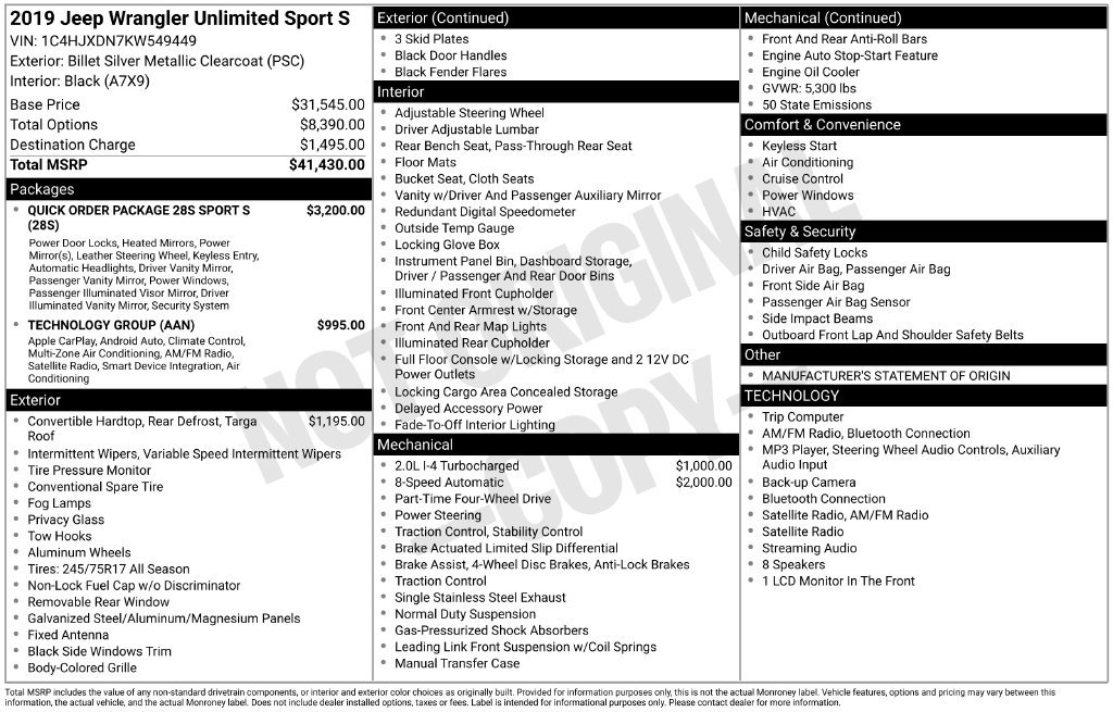 Used 2019 Jeep Wrangler Unlimited Sport S AWD/4WD image 9