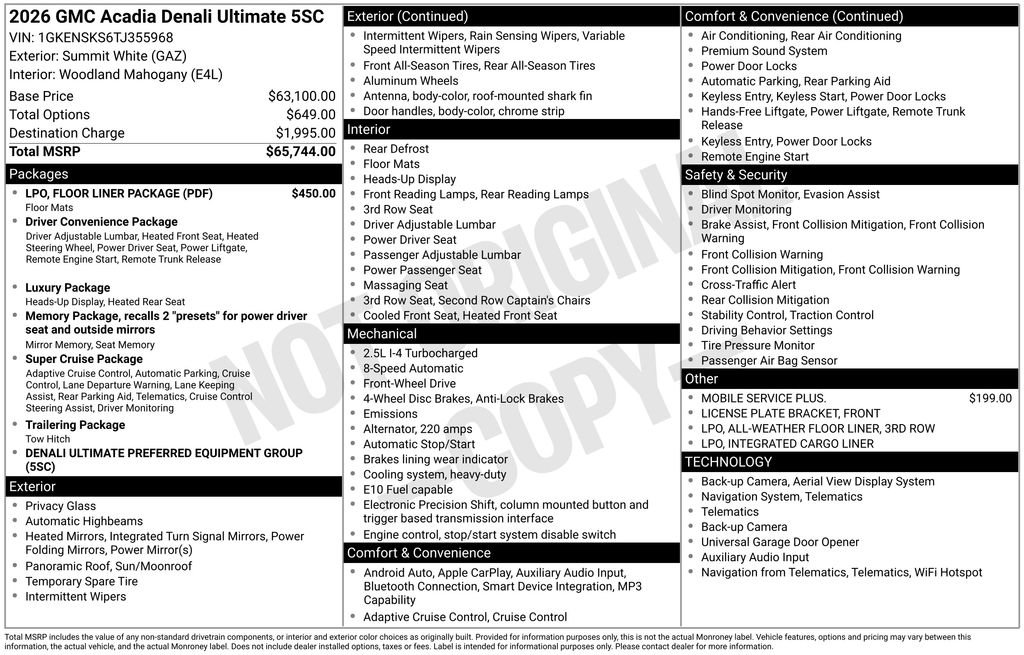 New 2026 GMC Acadia Denali Ultimate w/ LPO, Floor Liner Package FWD image 16