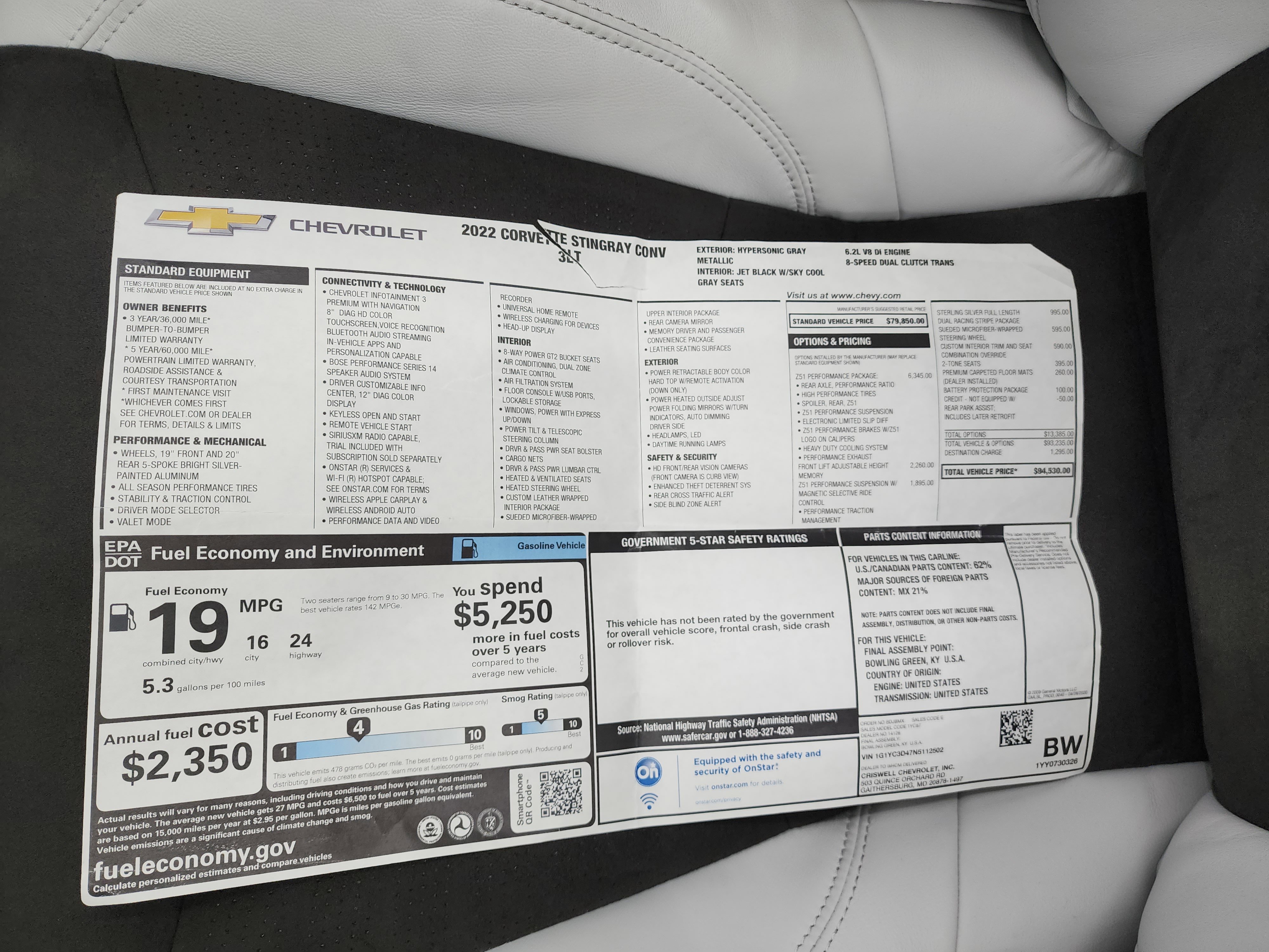 Used 2022 Chevrolet Corvette Stingray Premium Conv w/ Z51 Performance Package image 49