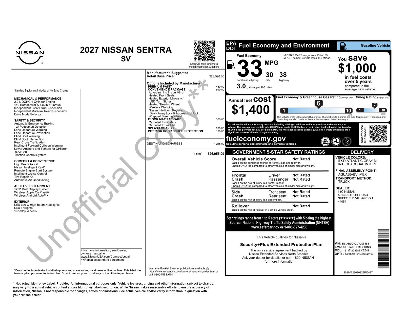 New 2027 Nissan Sentra SV w/ SV Convenience Package FWD image 5