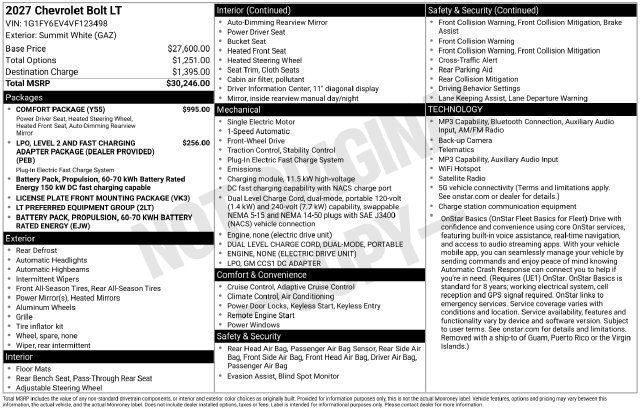 New 2027 Chevrolet Bolt LT w/ Comfort Package FWD image 3