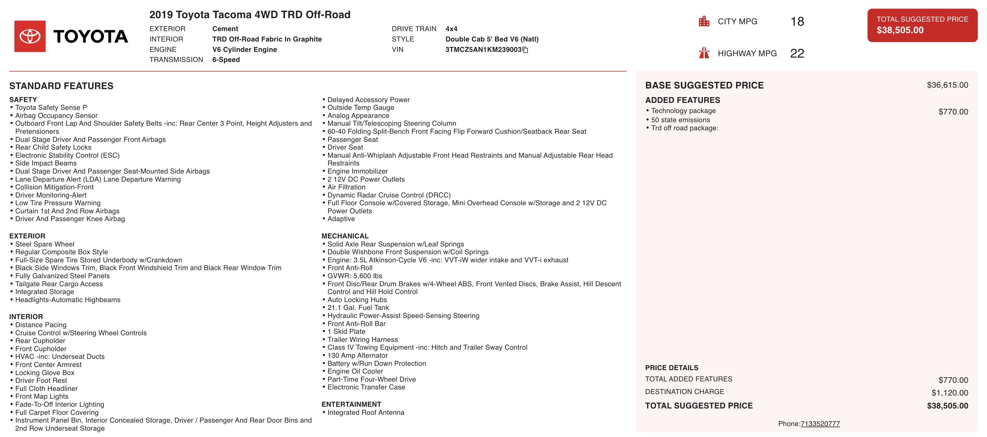 Used 2019 Toyota Tacoma TRD Off-Road w/ Technology Package AWD/4WD image 3