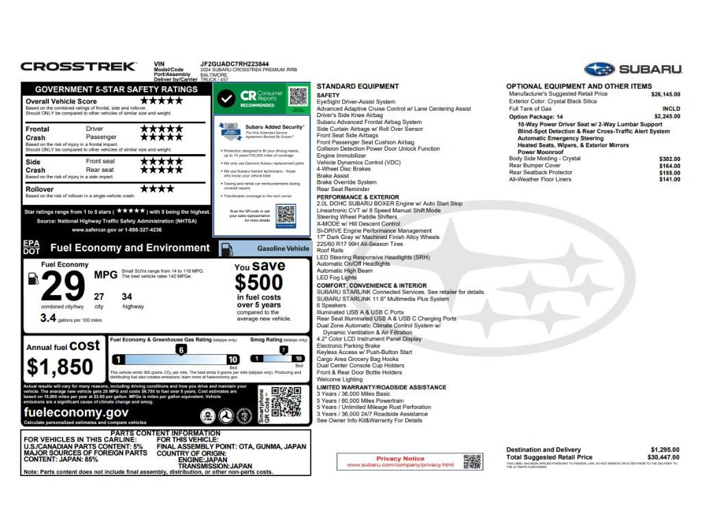 Used 2024 Subaru Crosstrek 2.0i Premium AWD/4WD image 7