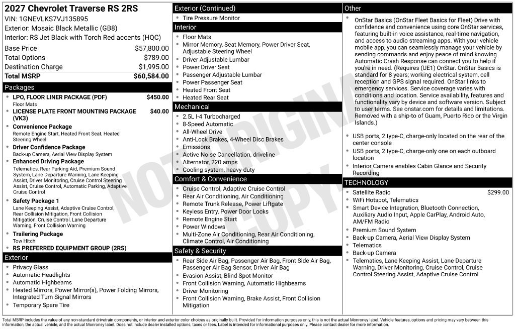 New 2027 Chevrolet Traverse RS w/ LPO, Floor Liner Package AWD/4WD image 47