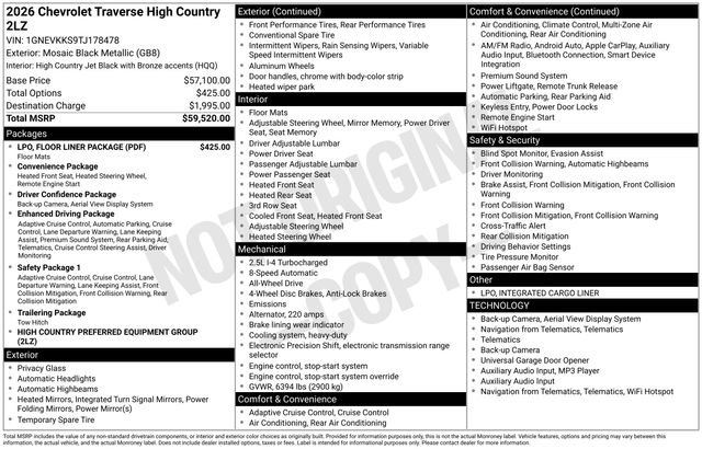 New 2026 Chevrolet Traverse High Country w/ LPO, Floor Liner Package image 4