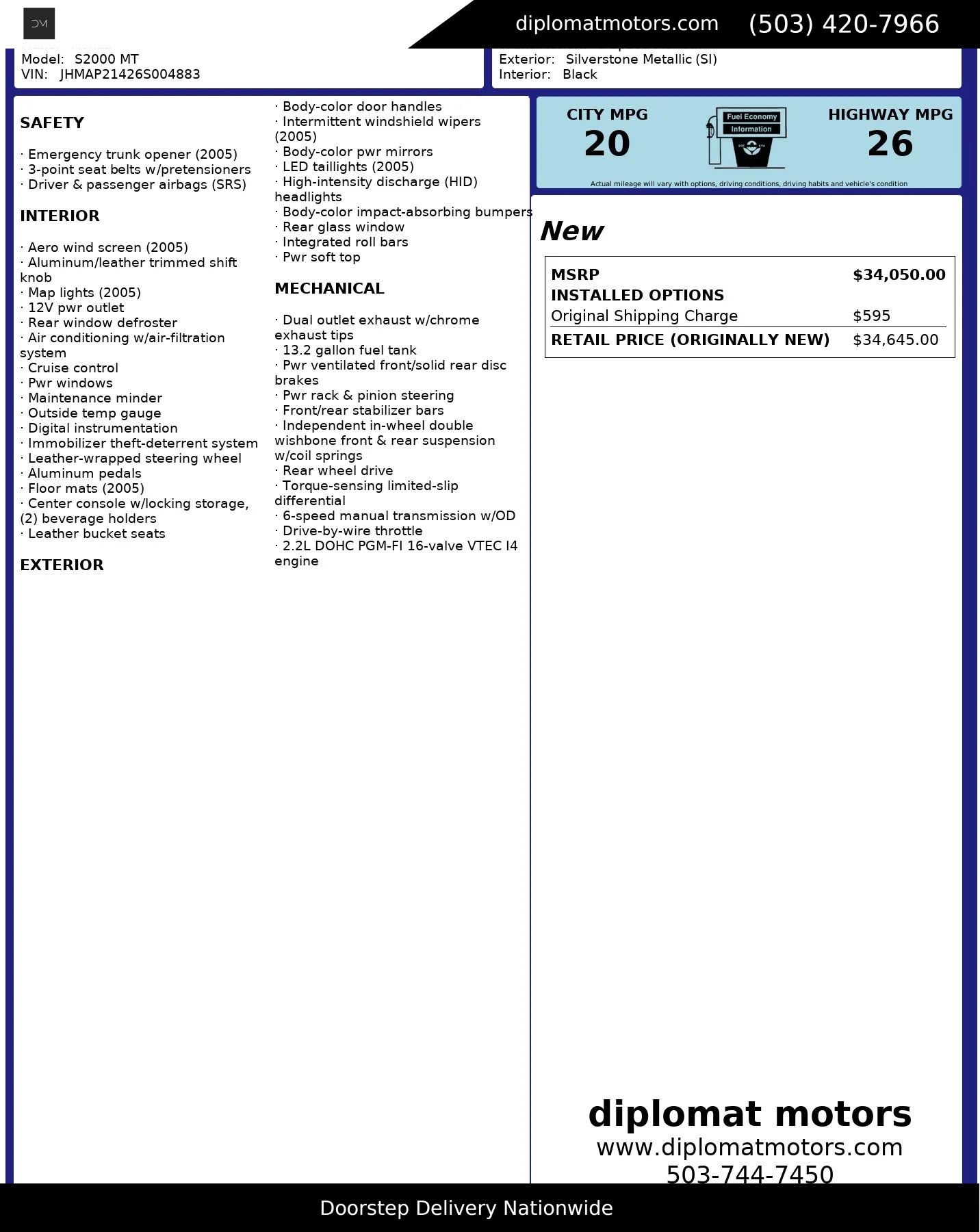 Used 2006 Honda S2000 Convertible 2D image 3
