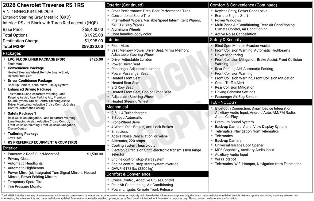 New 2026 Chevrolet Traverse RS w/ LPO, Floor Liner Package FWD image 23