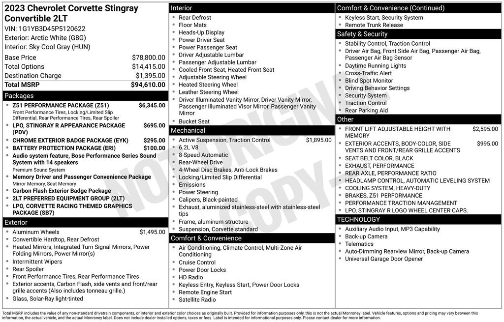 Used 2023 Chevrolet Corvette Stingray Preferred Conv w/ Z51 Performance Package RWD image 4