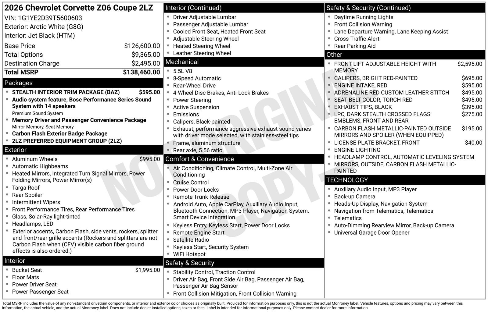New 2026 Chevrolet Corvette Z06 w/ Stealth Interior Trim Package RWD image 14