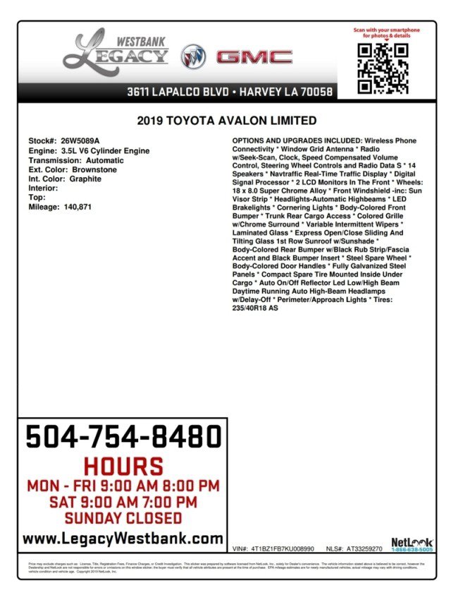 Used 2019 Toyota Avalon XLE w/ Moonroof Package FWD image 26