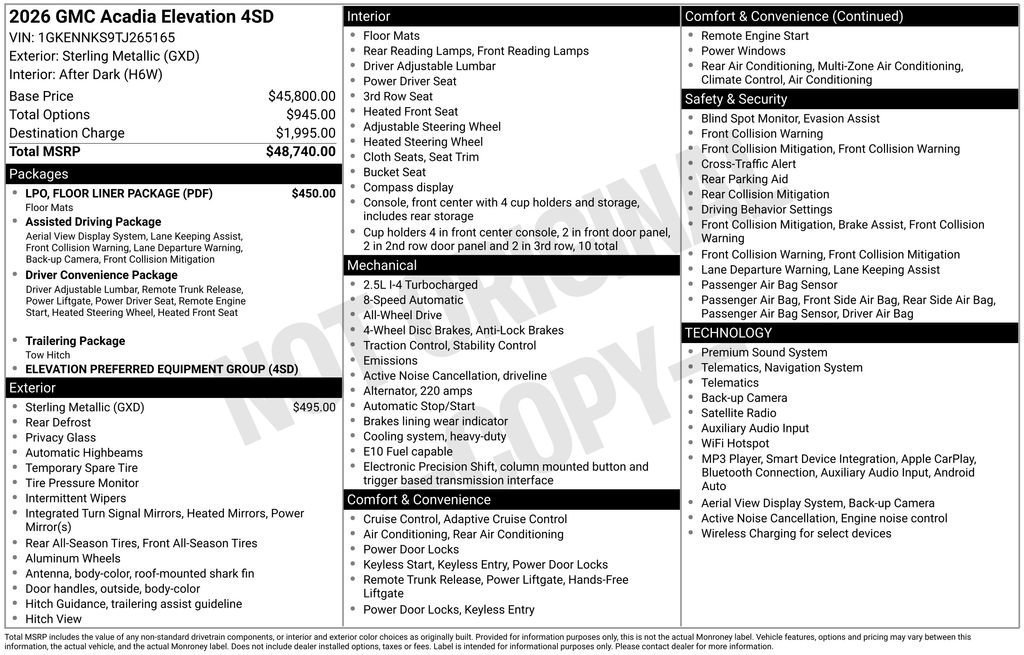 New 2026 GMC Acadia Elevation w/ LPO, Floor Liner Package AWD/4WD image 4